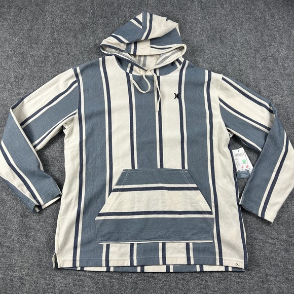 Hurley Other - Hurley Hoodie Mens Large Blue Stripe Baja Poncho Twill Pullover Kangaroo Pocket